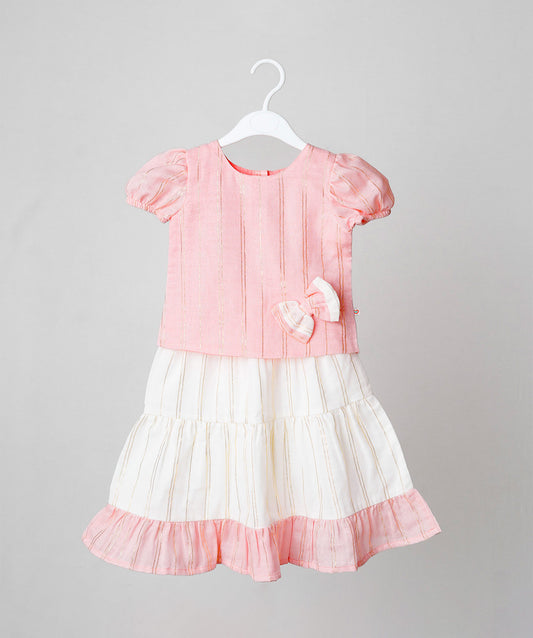 FIRSTIN Ridhi Top With Skirt (Puff Sleeve) - Flamingo Pink