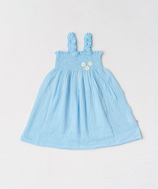 FIRSTIN Muslin Bubble Crinkle Smocking Frock - Aqua