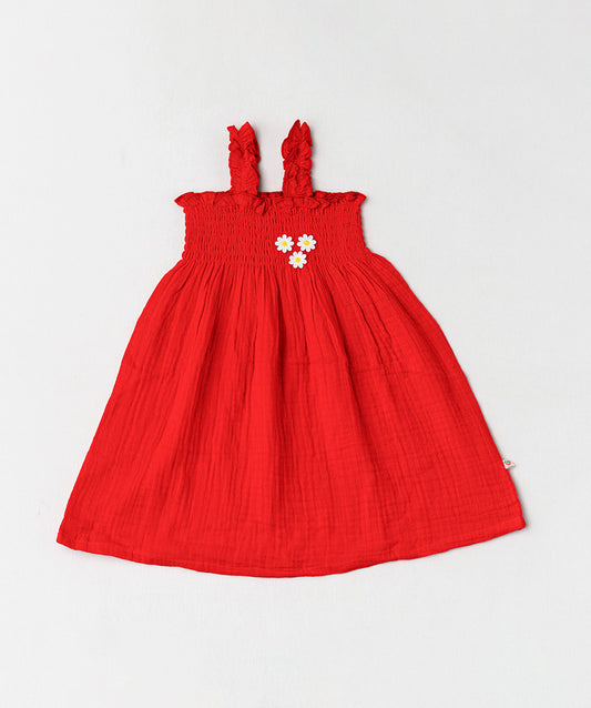 FIRSTIN Muslin Bubble Crinkle Smocking Frock - Carmine