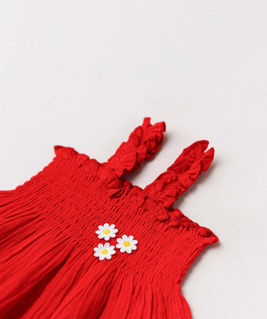 FIRSTIN Muslin Bubble Crinkle Smocking Frock - Carmine