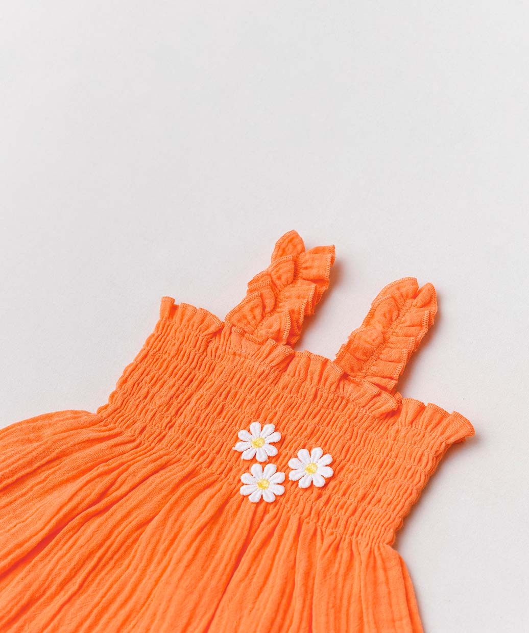 Muslin Bubble Crinkle Smocking Frock - Coral Orange
