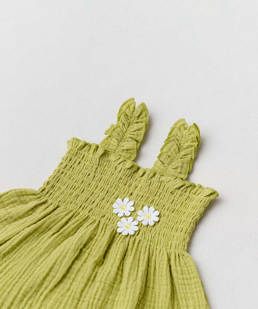 Muslin Bubble Crinkle Smocking Frock - Palm Green