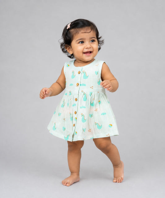 Muslin Front Open Sleeveless Frock - Frost Dino Crown