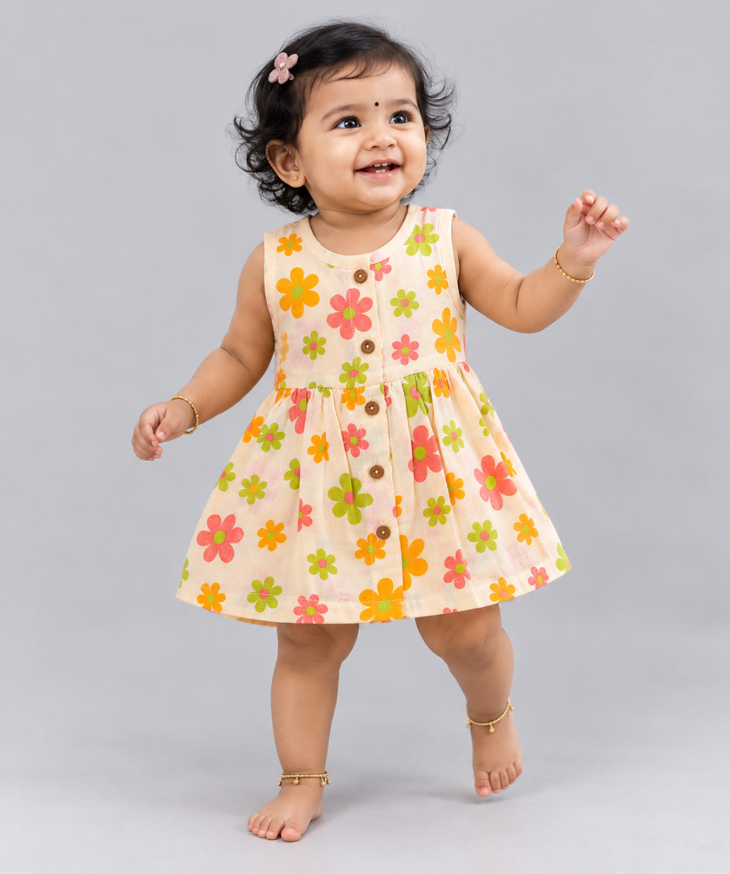 Muslin Front Open Sleeveless Frock - Vanilla Petals