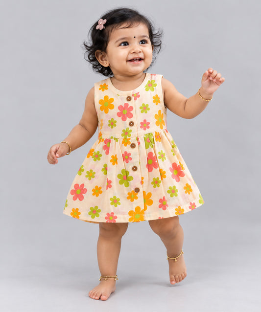 Muslin Front Open Sleeveless Frock - Vanilla Petals