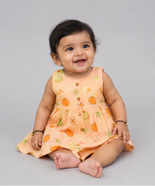 Muslin Front Open Sleeveless Frock - Apricot Sherbet Fujis
