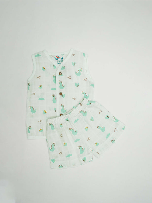 FIRSTIN Muslin Jabla-Shorts Set Sleeveless - Frost Dino Crown