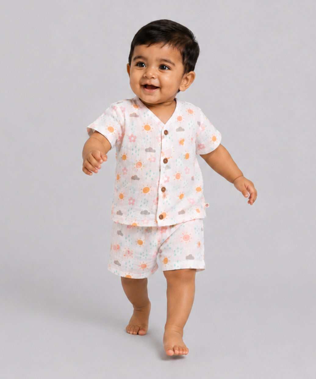 Salsa Rose Daisy Cloud White Base Muslin Jabla Shorts Set Half Sleeve