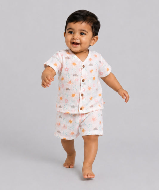 Salsa Rose Daisy Cloud White Base Muslin Jabla Shorts Set Half Sleeve