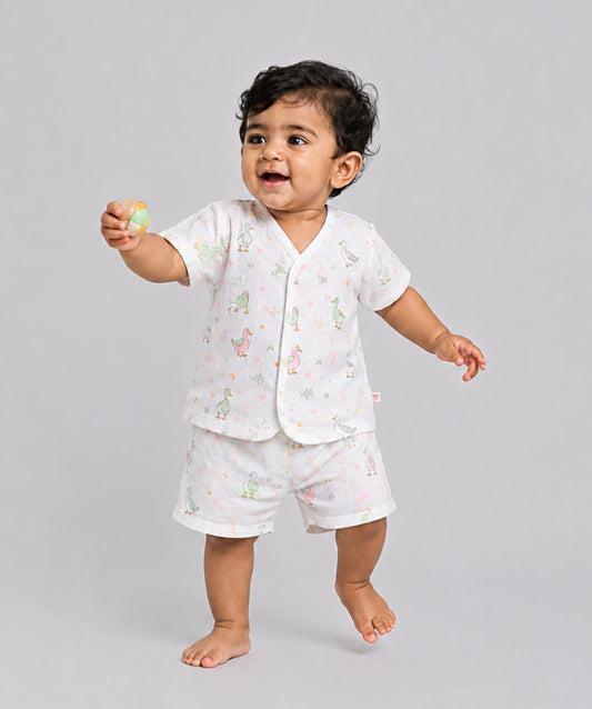 Lime Cream Runner Duck White Base Muslin Jabla Shorts Set Half Sleeve