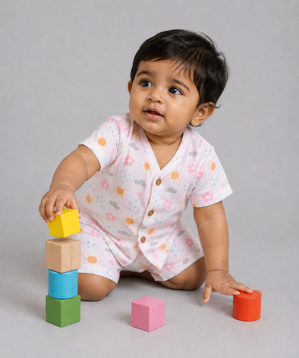Salsa Rose - Daisy Cloud Printed Muslin Jabla Shorts Set Half Sleeve
