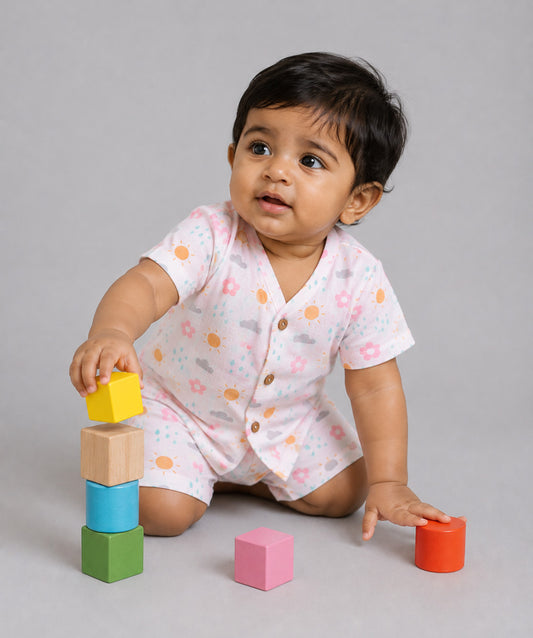 Salsa Rose - Daisy Cloud Printed Muslin Jabla Shorts Set Half Sleeve
