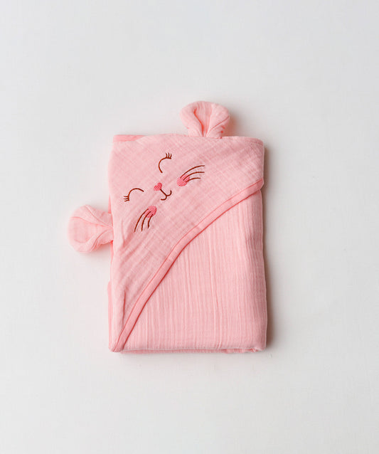 Muslin Bubble Crinkle Hooded Blanket - Flamingo Pink (Kitty)