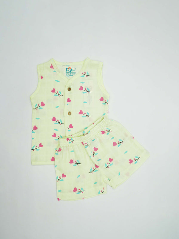 FIRSTIN Muslin Jabla-Shorts Set Sleeveless - Lime Cream Anthurium