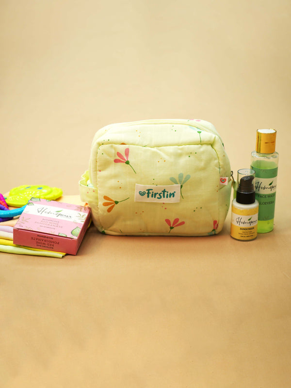 FIRSTIN Muslin Pouch - Zip Type - Lime Cream Bloom