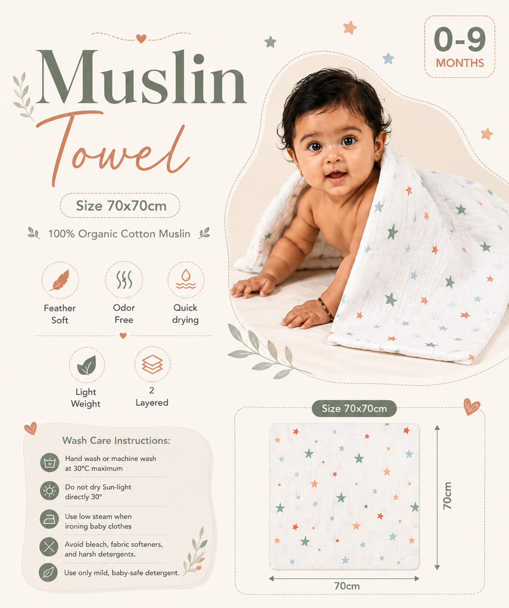 Muslin Seer Sucker Towel 70X70CM - Orbit Stars
