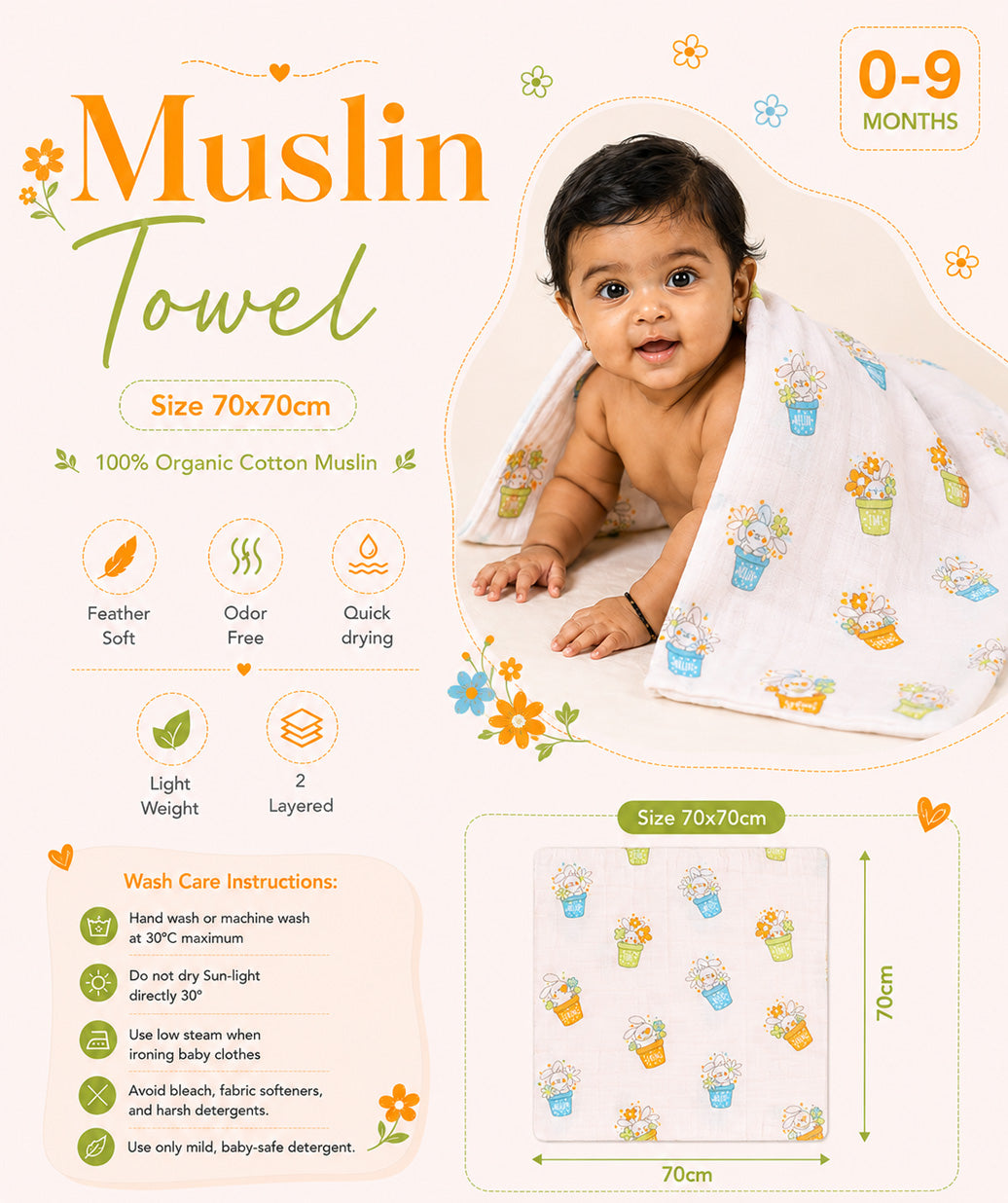 Muslin Towel (70X70CM) 2 PCS Combo Pack 2