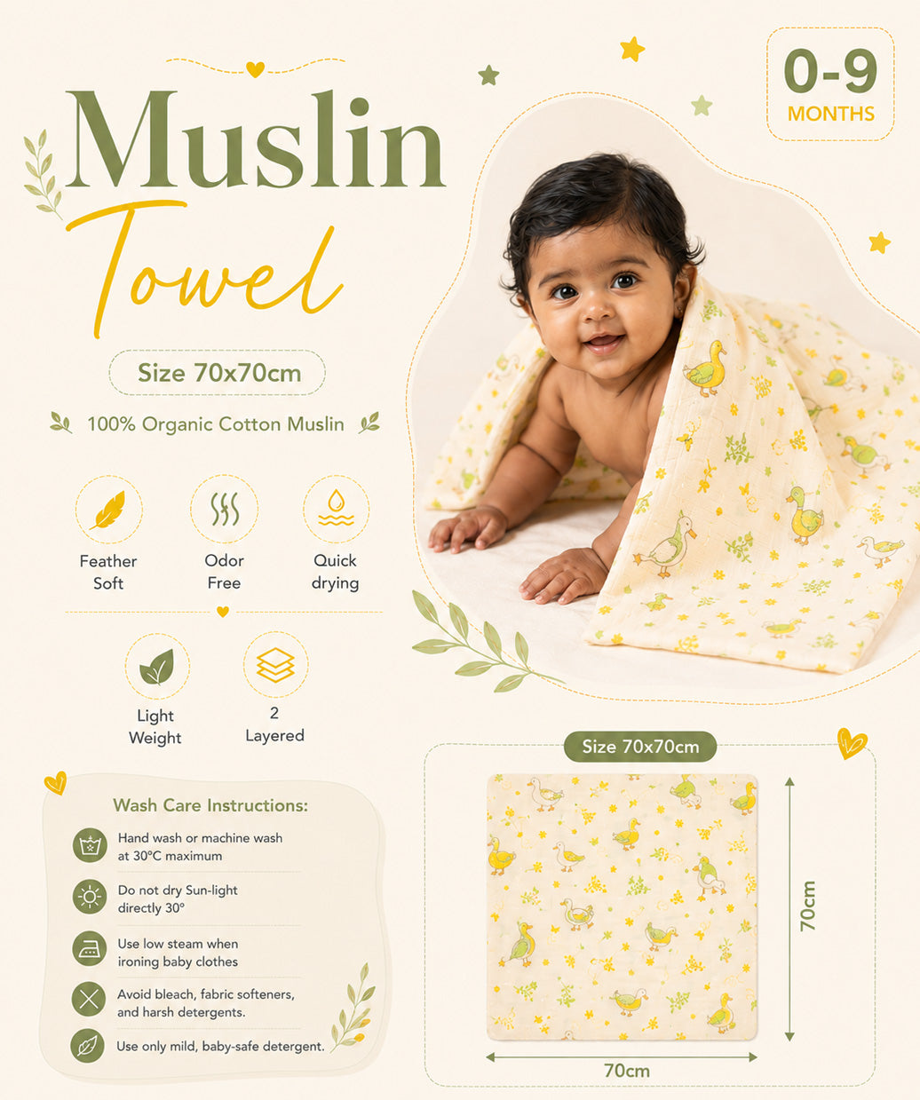 Muslin Towel (70X70CM) 2 PCS Combo Pack 1