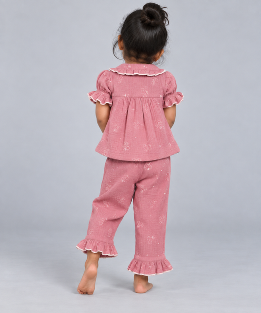 Muslin Bubble Crinkle Night Pyjamas - Dusty Rose - Cherry