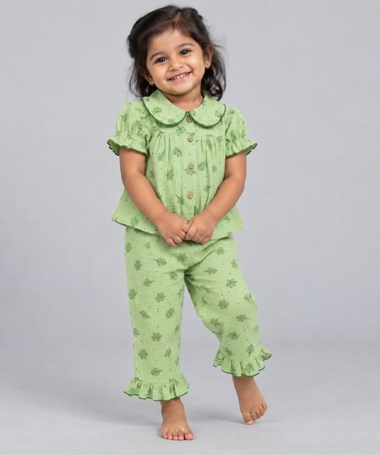 Muslin Bubble Crinkle Night Pyjamas - Tea Green - Areca