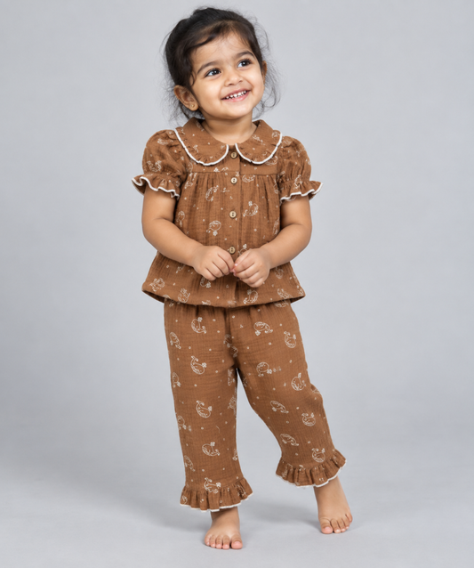 Muslin Bubble Crinkle Night Pyjamas - Caramel - Whale