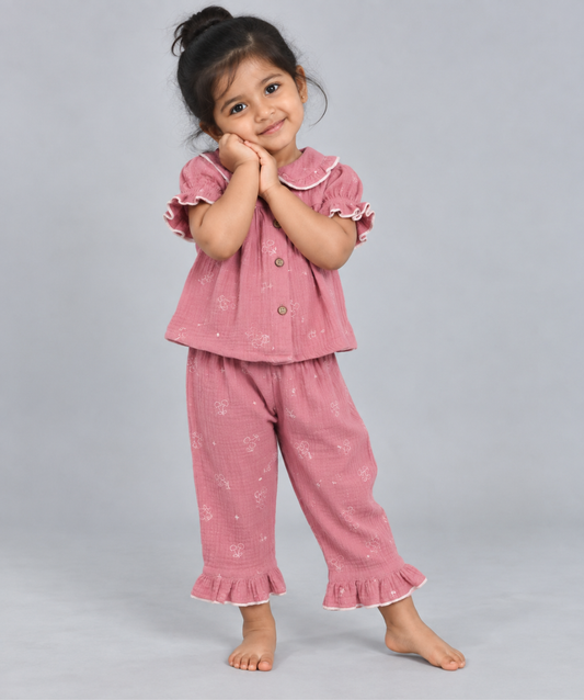 Muslin Bubble Crinkle Night Pyjamas - Dusty Rose - Cherry