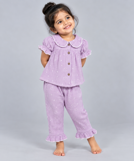 Muslin Bubble Crinkle Night Pyjamas - Soft Lavender - Pears