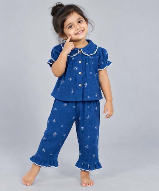 Muslin Bubble Crinkle Night Pyjamas - Classic Blue - Ferns