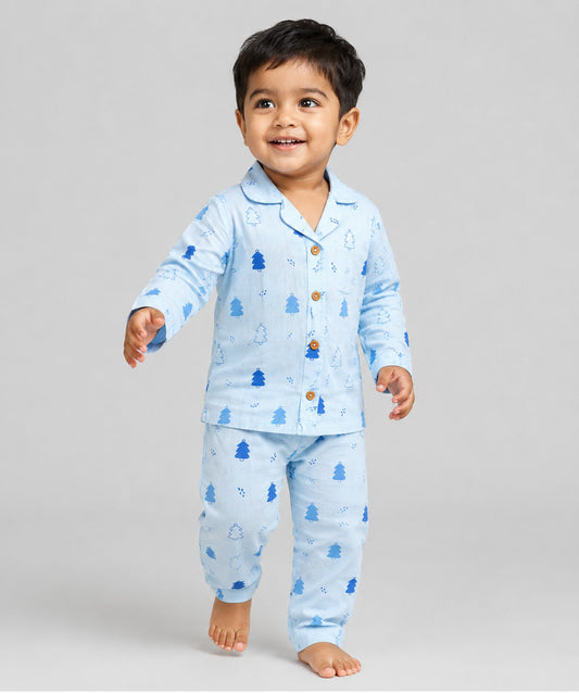Blue Fir Tree Printed Muslin Night Suit Set