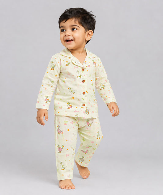 Lime Cream Runner Duck Printed Muslin Night Suit Set