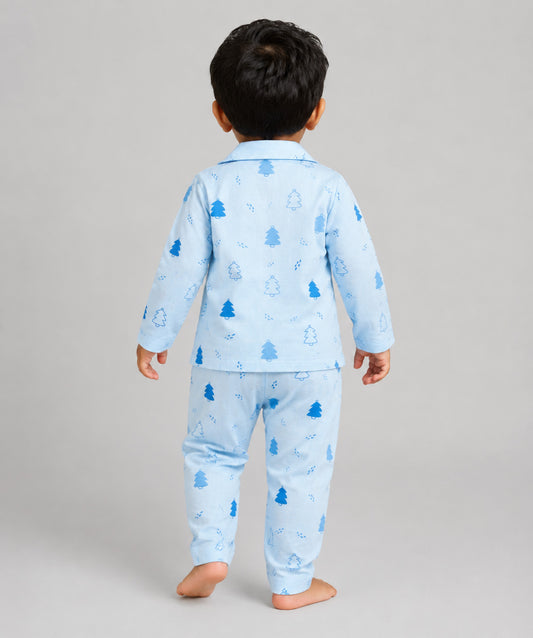 Blue Fir Tree Printed Muslin Night Suit Set