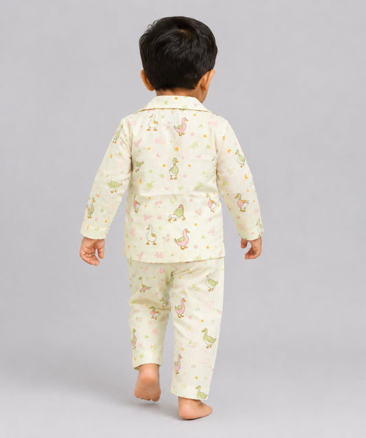 Lime Cream Runner Duck Printed Muslin Night Suit Set