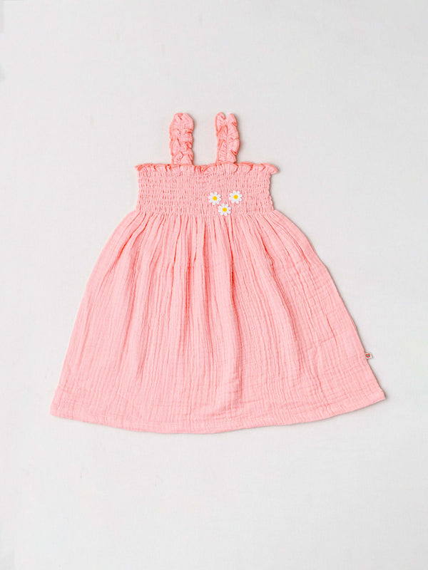 FIRSTIN Muslin Bubble Crinkle Smocking Frock - Flamingo Pink